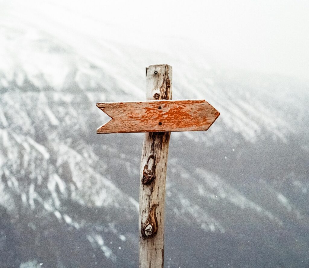 brown wooden arrow sign in the mountains