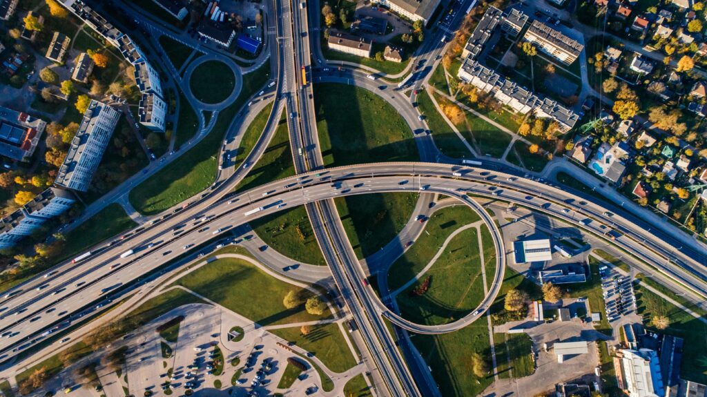 aerial photo of highway interchange